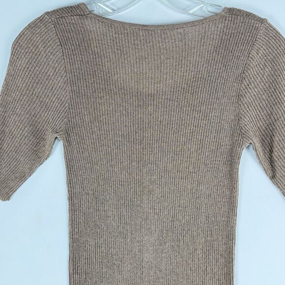 Women’s Ribbed Knit Top Shiny Metallic Stretch Scoop Neck Half Sleeve BM M - Picture 12 of 12